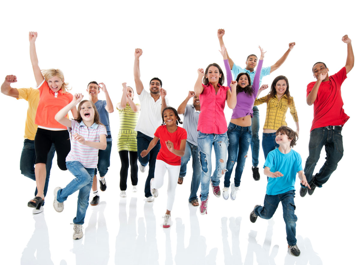 Happy men, women and children celebrate running, jumping with hands raised showing morale