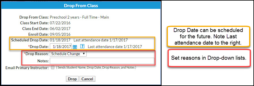 Jackrabbit Care screenshot of software instructions how to drop a class