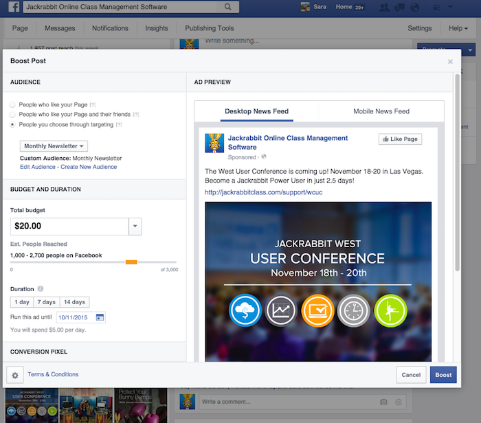 Screenshot of Facebook admin page to boost a post