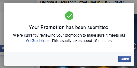 Facebook popup screenshot of promoted post confirmation