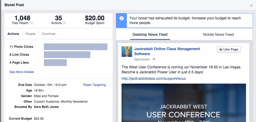 Facebook admin screenshot of boosted post analytics