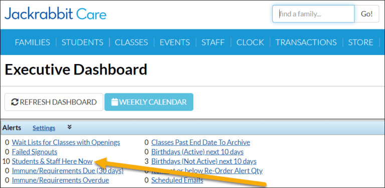 Jackrabbit Care screenshot of executive dashboard