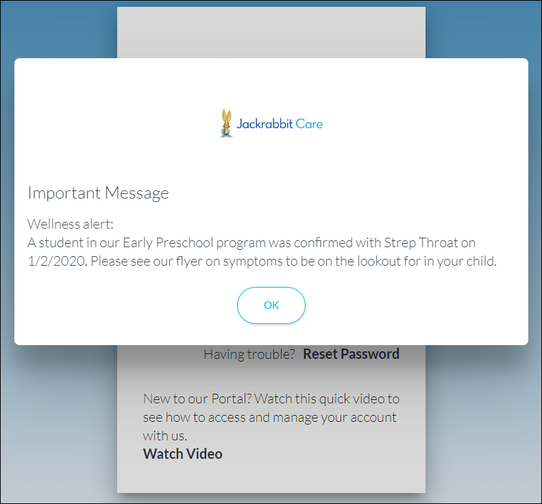 Jackrabbit Care important message popup