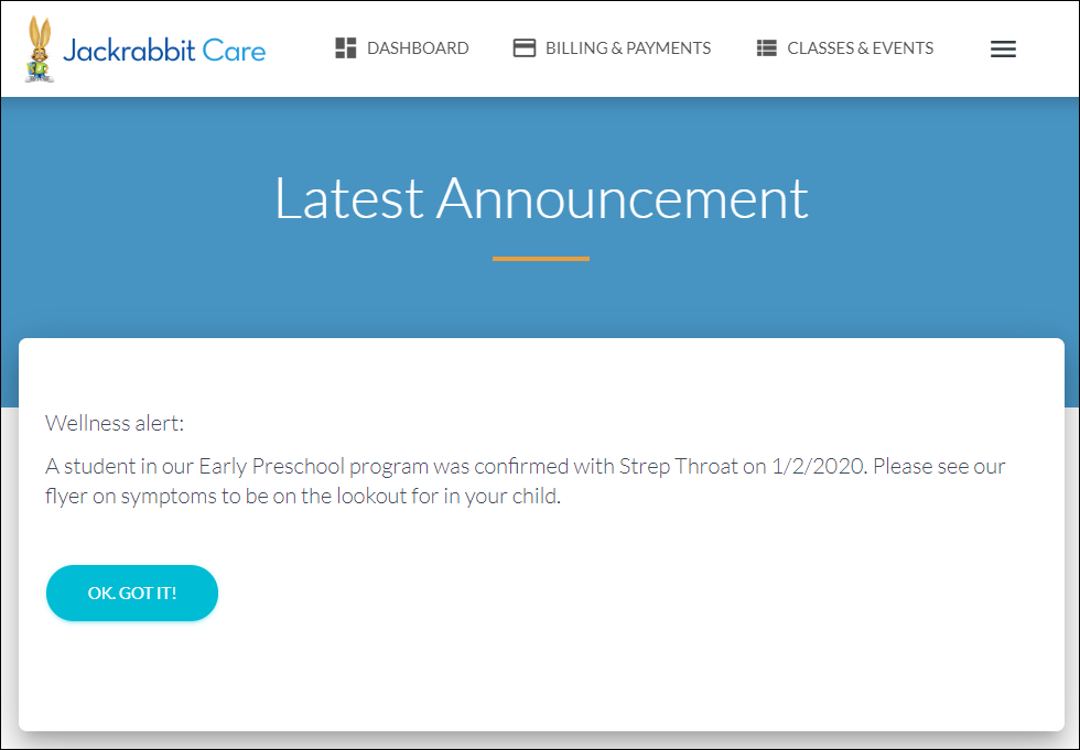 Jackrabbit Care announcement popup screenshot