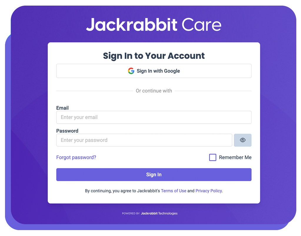 Jackrabbit Care purple login screen