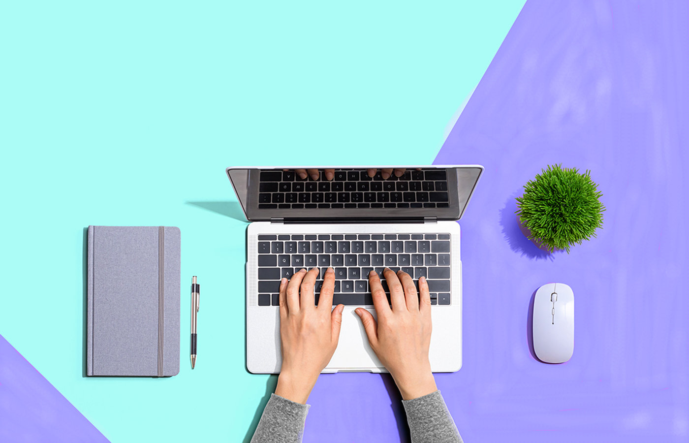 Laptop being used on a purple and teal desk