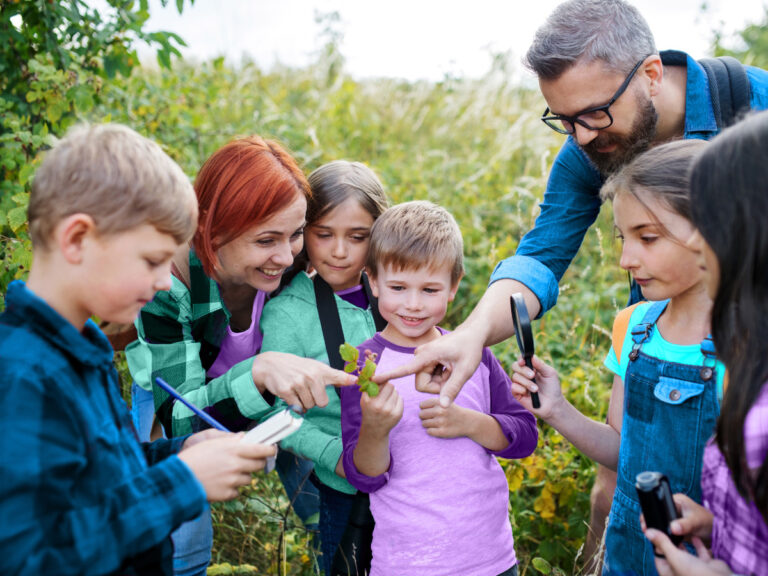 Children explore nature on a field trip.