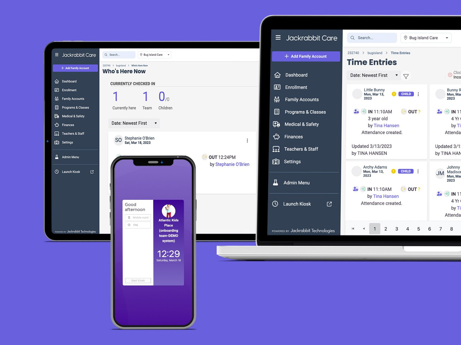 Jackrabbit Care Kiosk attendance screenshots