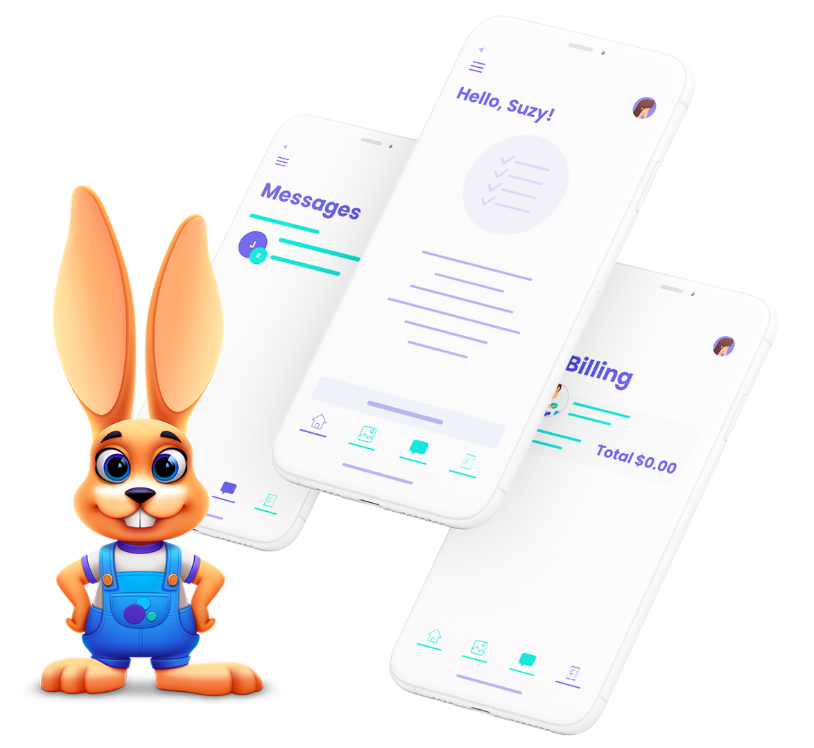 Jackrabbit Care multiple phone screens with mobile app