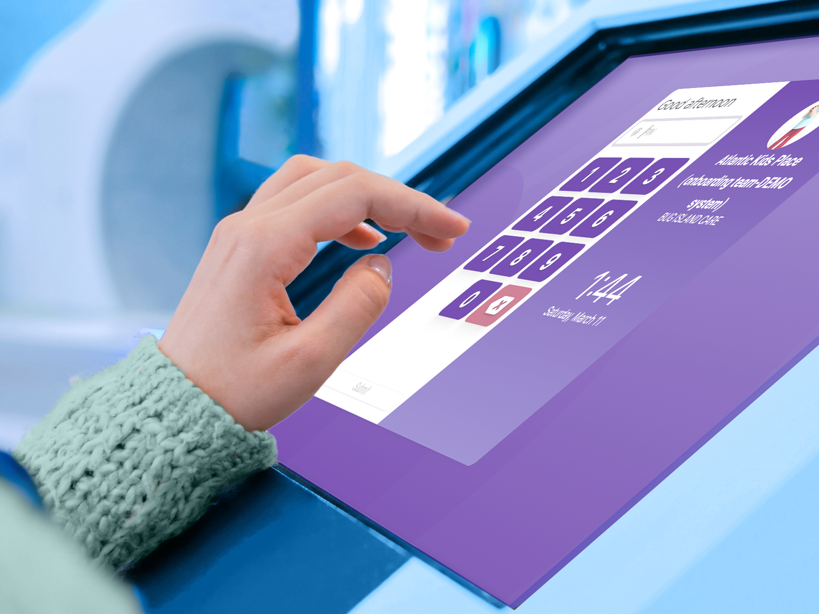 Jackrabbit Care check-in kiosk on purple screen