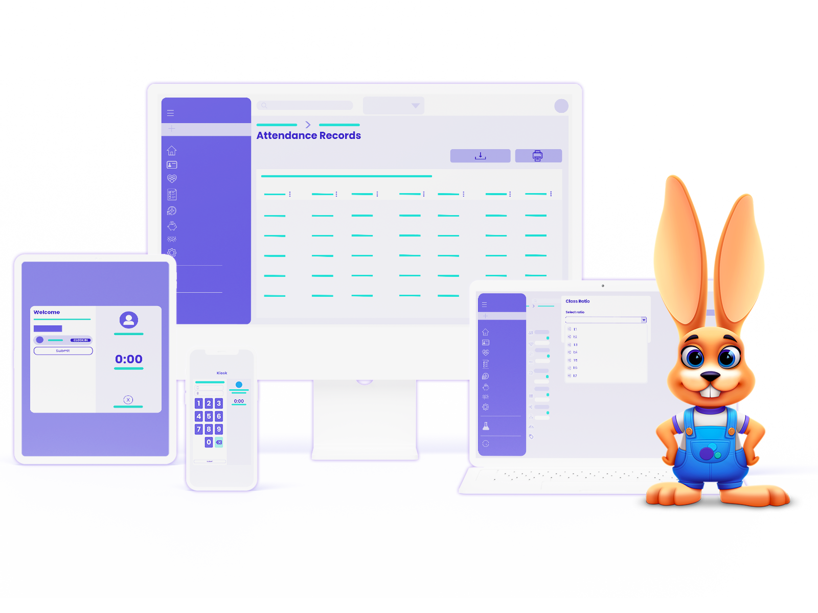 Jackrabbit Care attendance check-in mockup screens