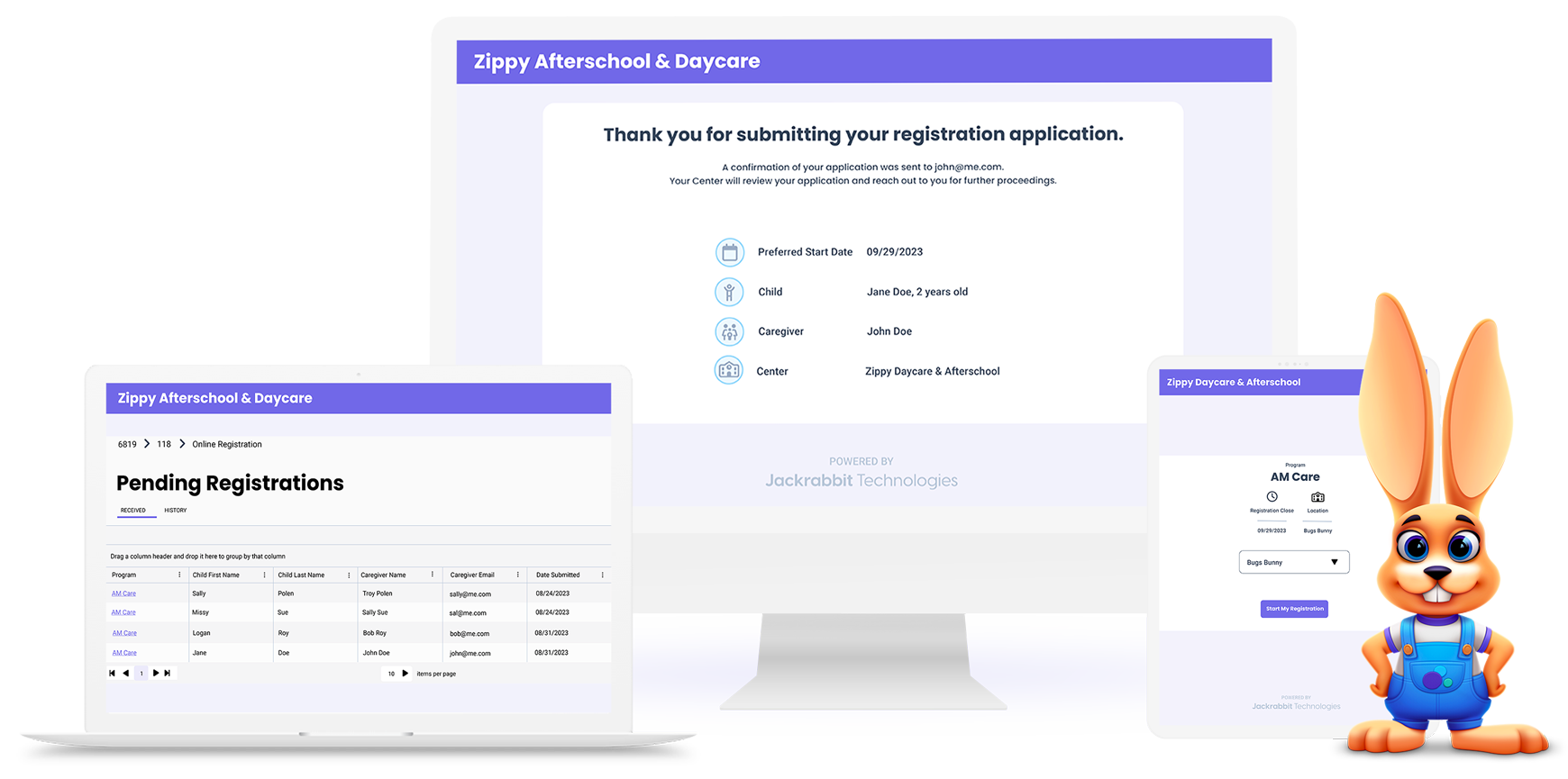 Jackrabbit Care online registration app screen on desktop, laptop, ipad