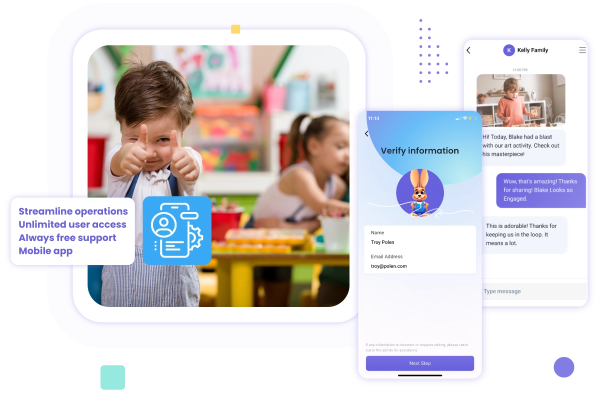 staff app and parent app screenshot, child giving thumbs up photo