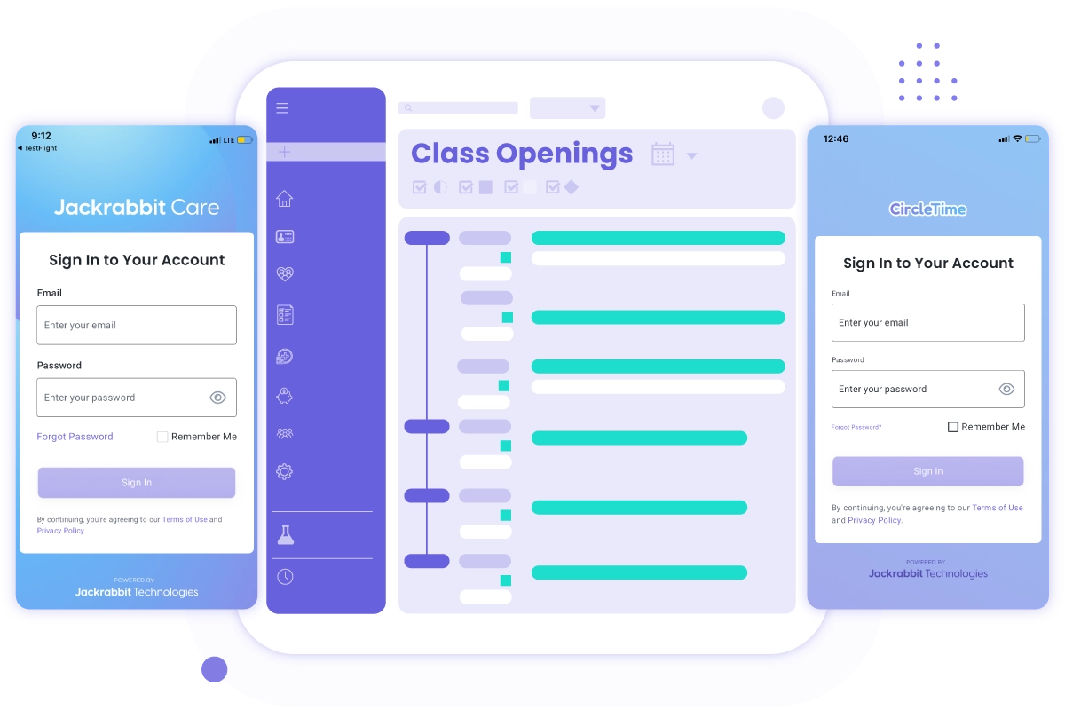 app sign in screens and class openings screenshot